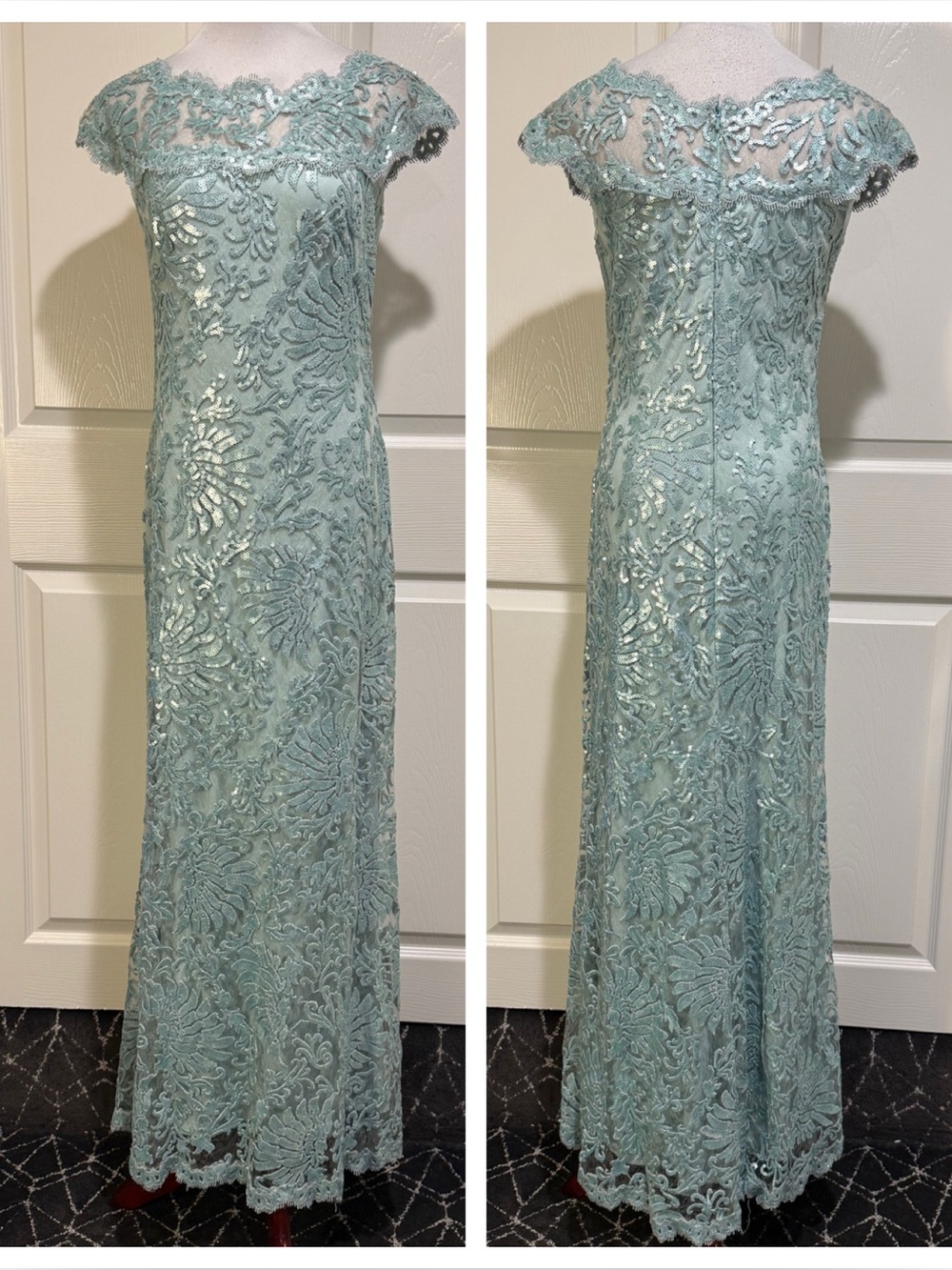 Tadashi Shoji Mint / Sage Green Sequin Embroidered Lace Column Gown